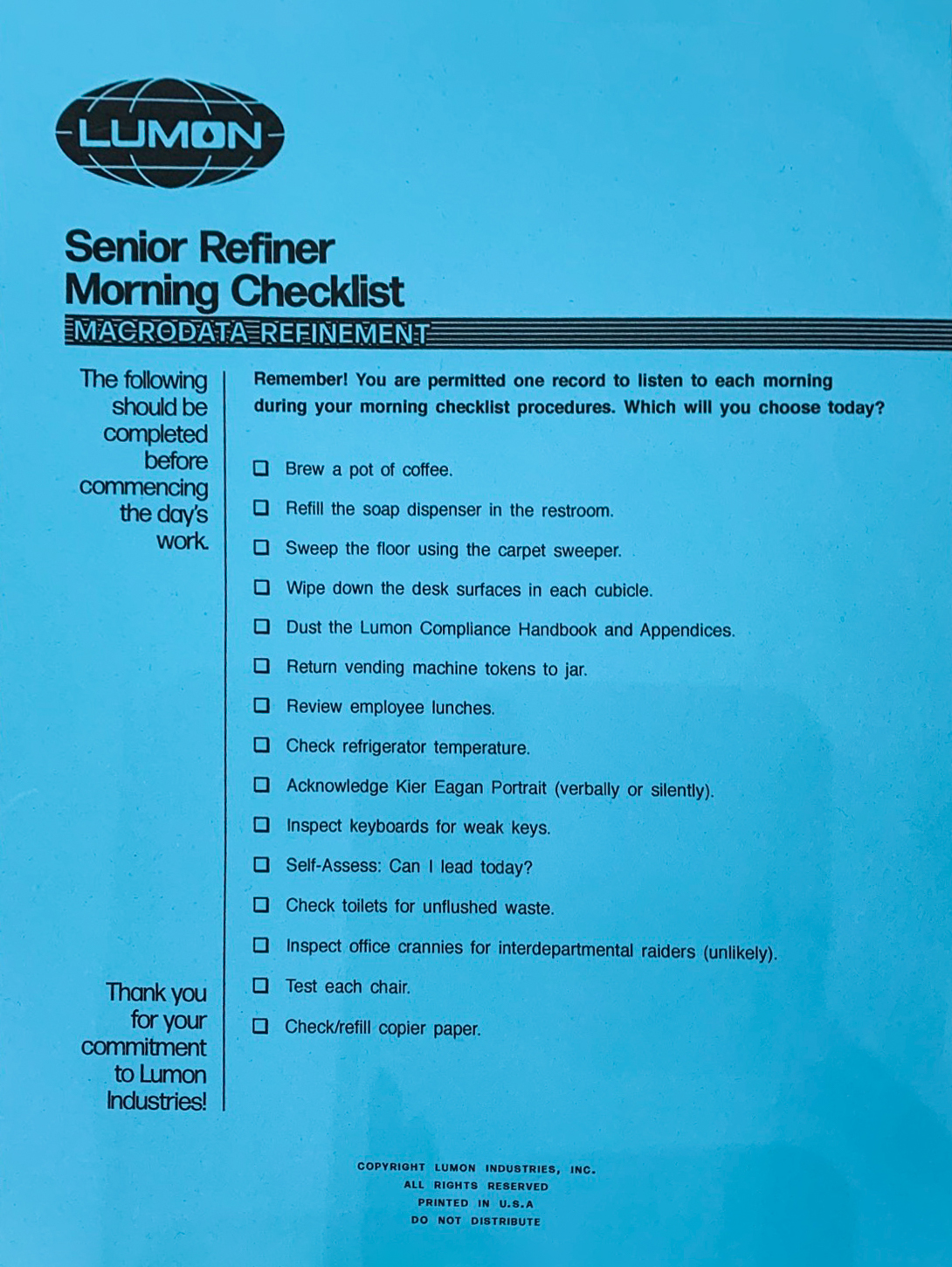 A checklist prop from the Severance Activation event at San Diego Comic-Con 2022