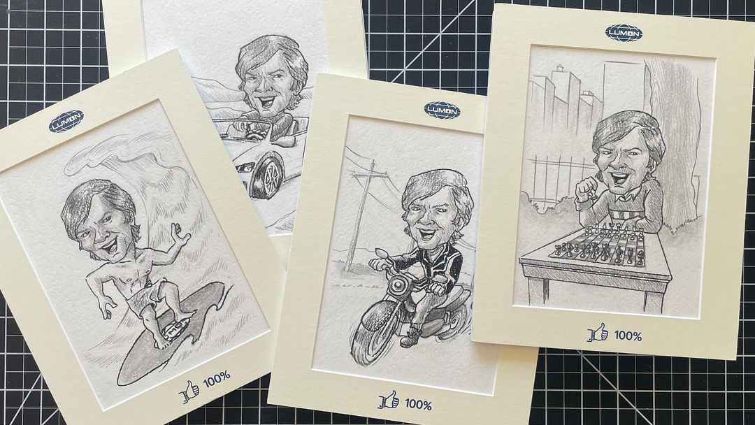 Some of Mark’s caricatures (Photo by Daniel Aviles)