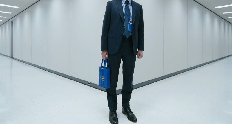 Irving carrying his company handbook in a Lumon tote
